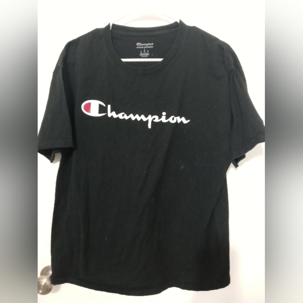 Champion Authentic Activewear Men's Short Sleeve Black large logo t shirt large - Picture 1 of 4